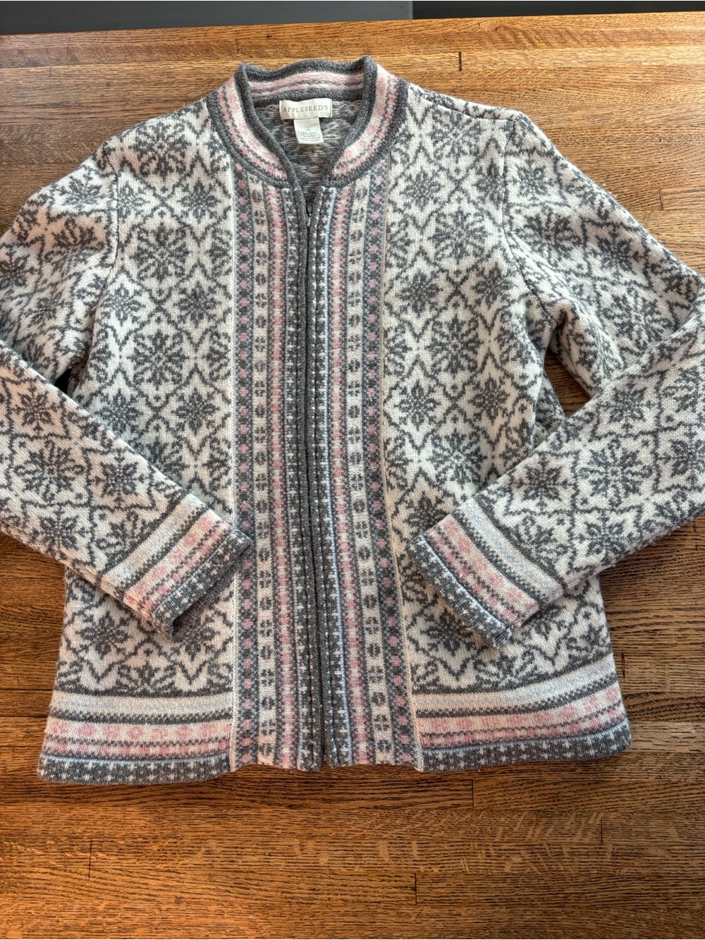 Appleseed’s Classic Pink & Gray Fair Isle Zip-Front Wool Cardigan Sweater Size M